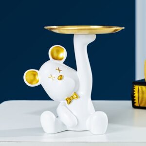 A Bear Sculpture with Key Tray, Resin Sculpture with Metal Tray, Home Entrance Figurine Animal Sculpture with Key Bowl Decorative for Home Office Shop