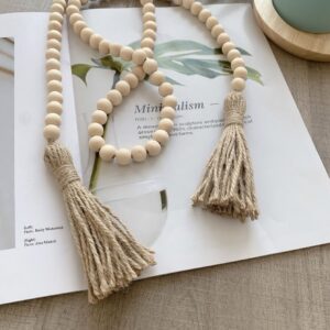 Farmhouse Beads Wood Bead Garland Rustic Prayer Beads Boho Beads with Tassels Walling Hanging Garland for Rustic Decor