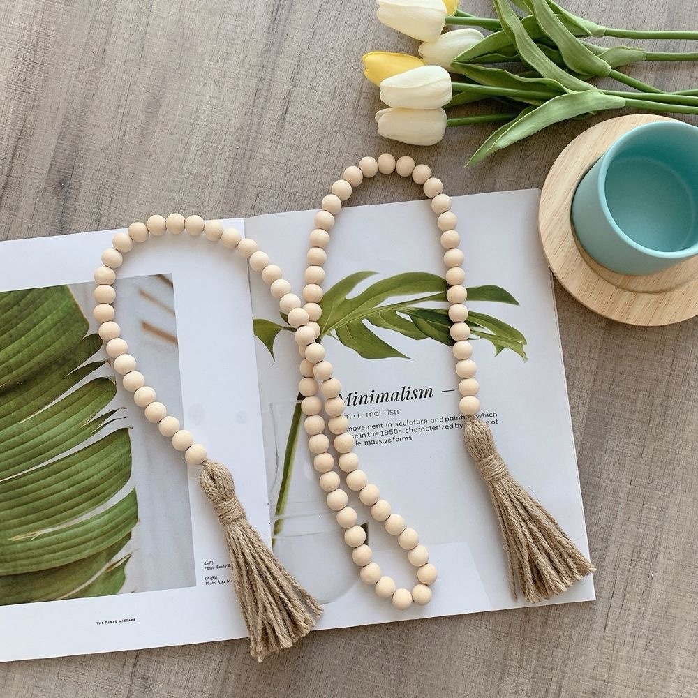 Farmhouse Beads Wood Bead Garland Rustic Prayer Beads Boho Beads with Tassels Walling Hanging Garland for Rustic Decor - Image 3
