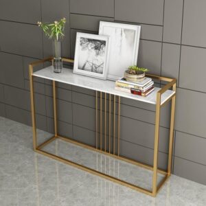 Stylish Metal Frame Console Table Marble Top – A Touch of Modern Elegance for Living Room| Unique Table Design (Golden & White)