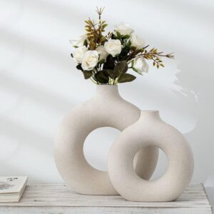 White Modern Circle Textured Ceramic Vase Set of 2, Nordic Circular Matte ​Hollow Donut Flower Vases Decorative Minimalist Art Boho Style for Home Living Room Office Kitchen Table Decor