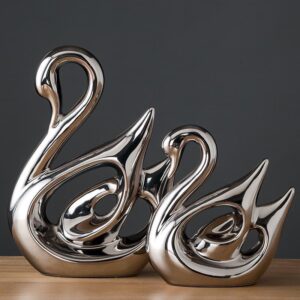 2 piece Silver Swan Figurines Decor Sculpture Statues