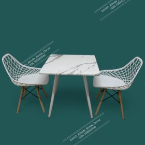 White Square table with 2 White Eames Mesh chairs