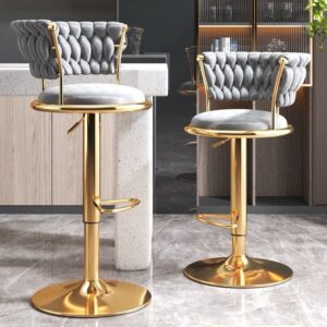 Velvet SwivelDark Grey with Gold Bar stool with backrest and chrome foot rest