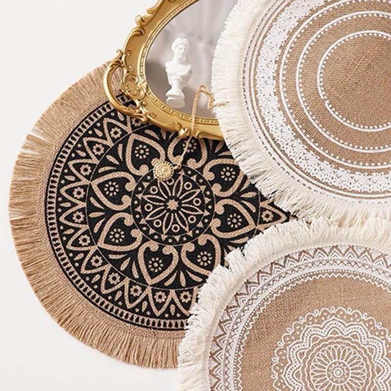 Bohemian Table Placement Mats Boho Round Placemats Set of 6, 13 Inch Woven