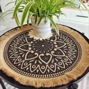 Round Placemat Table Non-Slip Jute Mats for Dining Table Bohemian Brown and Black With Pattern Set of 6