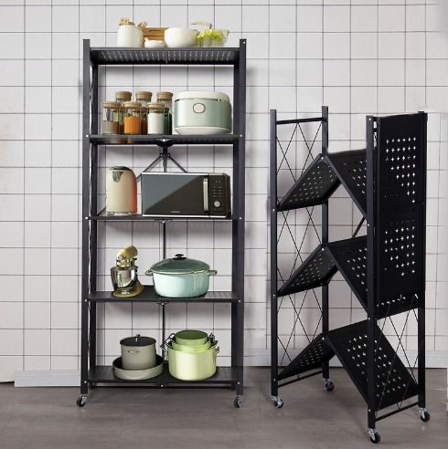 3 Tier Black Folding Shelf Storage Shelves Heavy Duty Foldable Metal Shelving Units Racks with Wheels No Assembly Required Great for Kitchen and Garage Shelf - Image 2