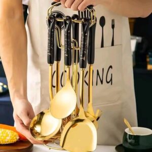 6 in 1 gold vanished serving spoon set with stand and ceramic handle White, Black
