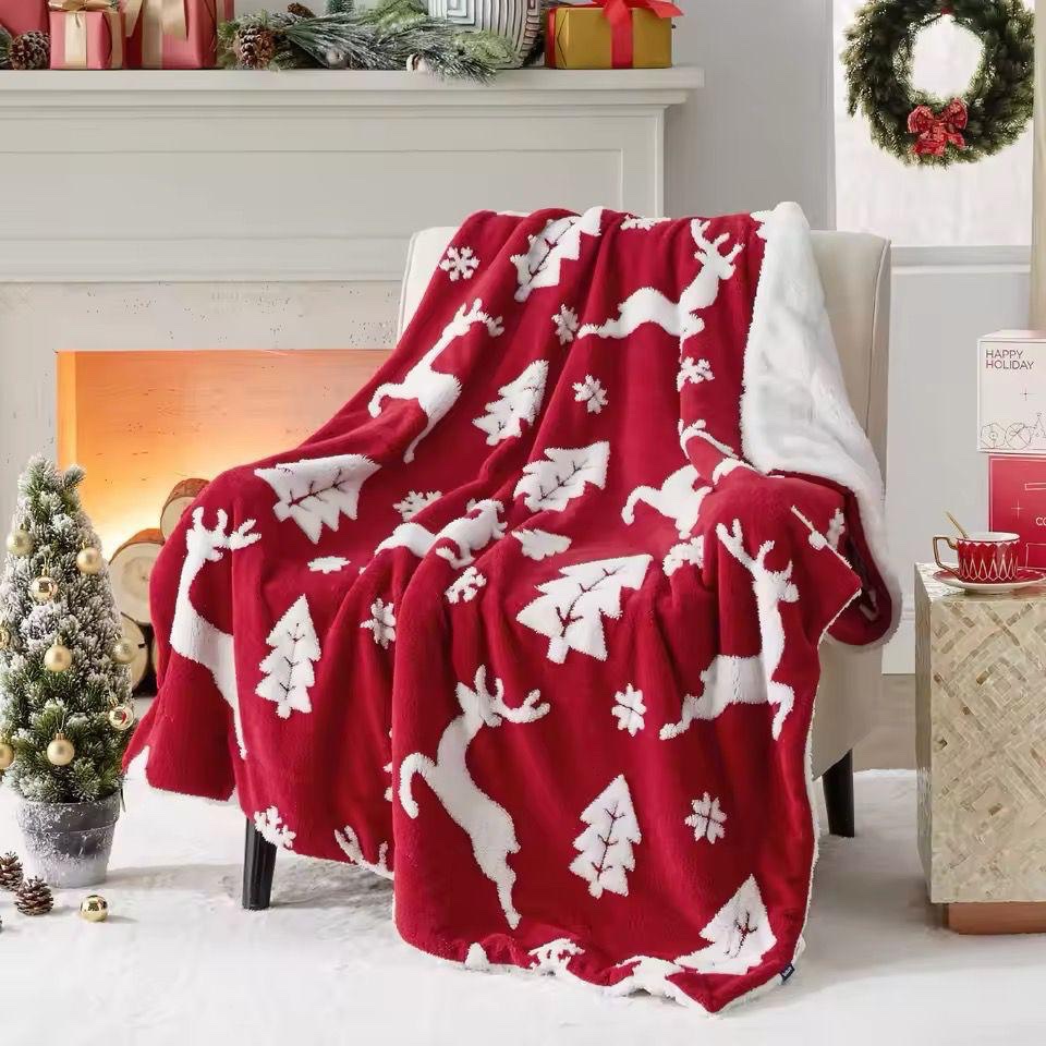 Double Layered Xmas Blanket Snowflake Series Printed Blankets Flannel Lamb Wool Oversized Down Throw Carpet Size 150cms by 200cms (5*6)
