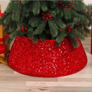 Red Christmas Tree Stand Cover - Sequin Foldable Christmas Tree Bottom Skirt,Christmas Tree Decor Suitable for Shopping Mall, Garden, Living Room, Offices, Hotel Buniq