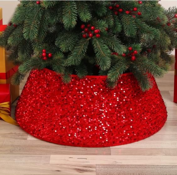 Red Christmas Tree Stand Cover - Sequin Foldable Christmas Tree Bottom Skirt,Christmas Tree Decor Suitable for Shopping Mall, Garden, Living Room, Offices, Hotel Buniq