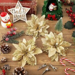 2 Piece Silk poinsettia and cherry blossom Christmas flowers high circle Gold Christmas Flower Decorations with Clips and Stems, Glitter Christmas Tree Ornaments for Xmas New Year Wedding Party (Gold)
