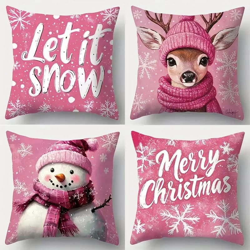 Pink Christmas Themed Home Decor Cushion Square Throw Pillow Covers - Image 4