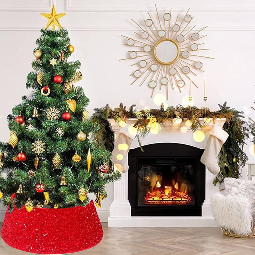 Red Christmas Tree Stand Cover - Sequin Foldable Christmas Tree Bottom Skirt,Christmas Tree Decor Suitable for Shopping Mall, Garden, Living Room, Offices, Hotel Buniq - Image 2