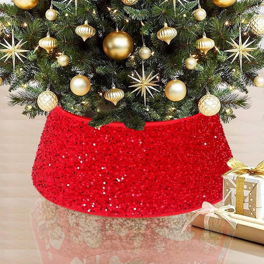 Red Christmas Tree Stand Cover - Sequin Foldable Christmas Tree Bottom Skirt,Christmas Tree Decor Suitable for Shopping Mall, Garden, Living Room, Offices, Hotel Buniq - Image 6