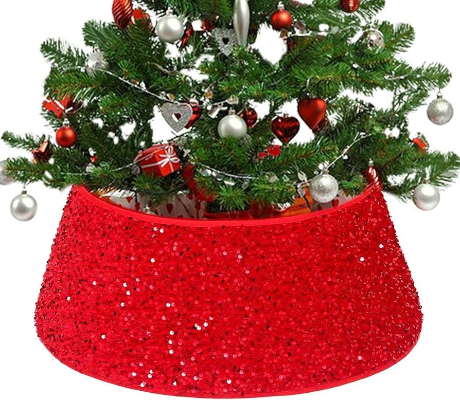 Red Christmas Tree Stand Cover - Sequin Foldable Christmas Tree Bottom Skirt,Christmas Tree Decor Suitable for Shopping Mall, Garden, Living Room, Offices, Hotel Buniq - Image 3