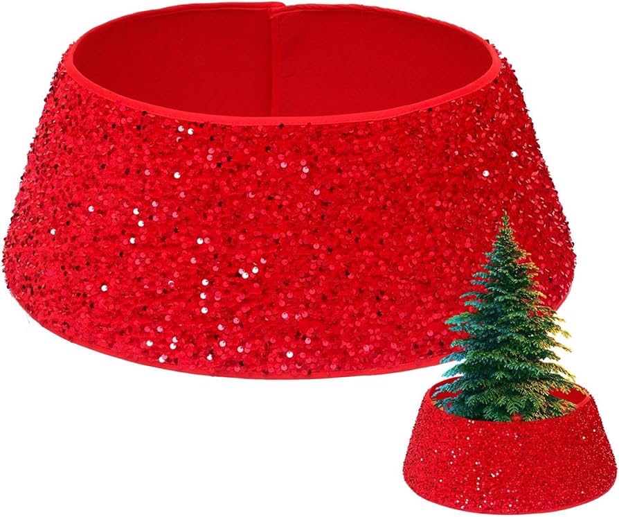 Red Christmas Tree Stand Cover - Sequin Foldable Christmas Tree Bottom Skirt,Christmas Tree Decor Suitable for Shopping Mall, Garden, Living Room, Offices, Hotel Buniq - Image 5