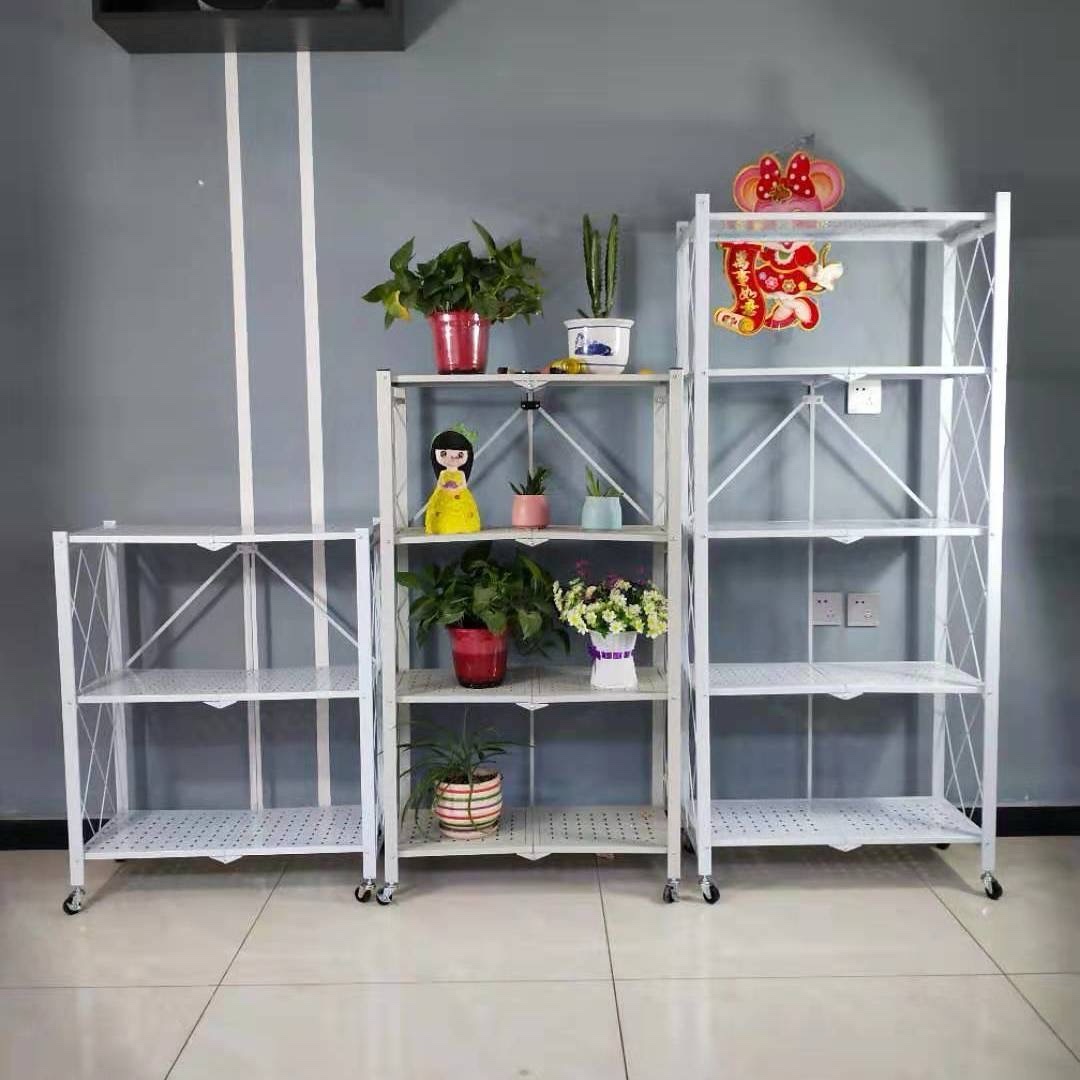 3 Tier Black Folding Shelf Storage Shelves Heavy Duty Foldable Metal Shelving Units Racks with Wheels No Assembly Required Great for Kitchen and Garage Shelf - Image 3