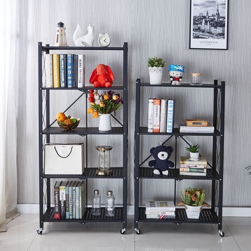 4-Tier Black Folding Shelf Storage Shelves Heavy Duty Foldable Metal Shelving Units Racks with Wheels No Assembly Required Great for Kitchen and Garage Shelf