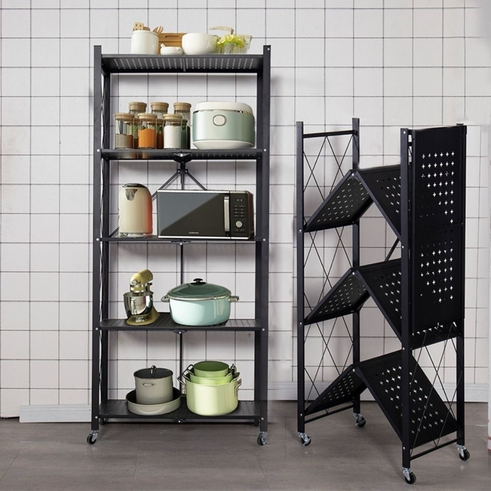 4-Tier Black Folding Shelf Storage Shelves Heavy Duty Foldable Metal Shelving Units Racks with Wheels No Assembly Required Great for Kitchen and Garage Shelf - Image 2