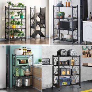3  Tier Black Folding Shelf Storage Shelves Heavy Duty Foldable Metal Shelving Units Racks with Wheels No Assembly Required Great for Kitchen and Garage Shelf