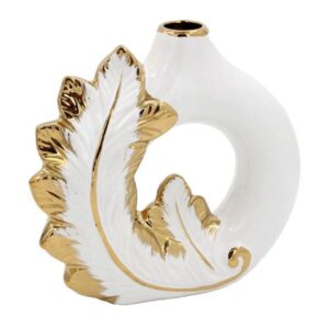 Large Ceramic Flower Vase White with Gold leaf Accent Aesthetic