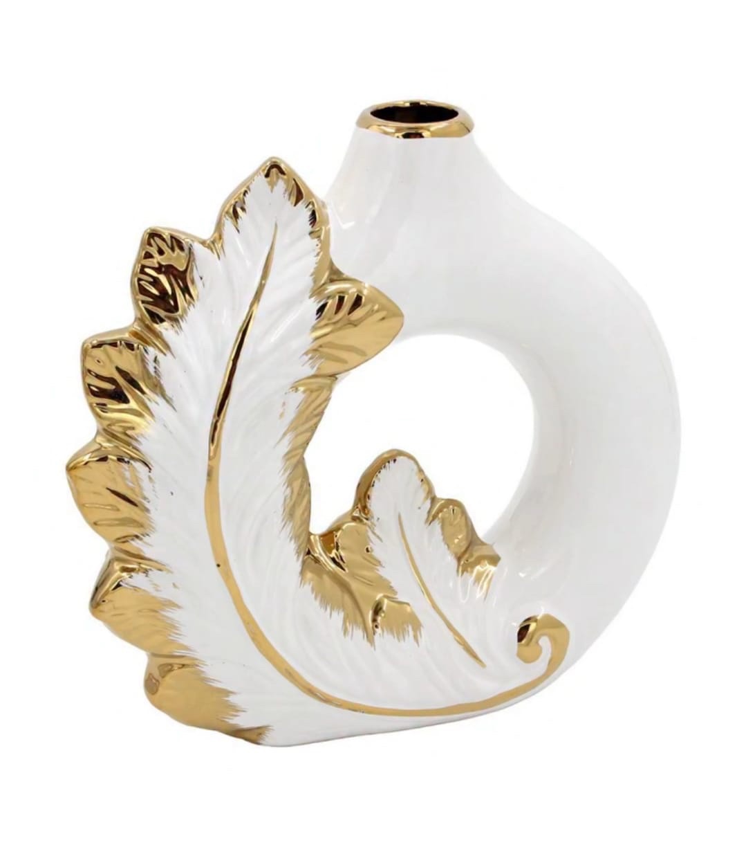 Large Ceramic Flower Vase White with Gold leaf Accent Aesthetic