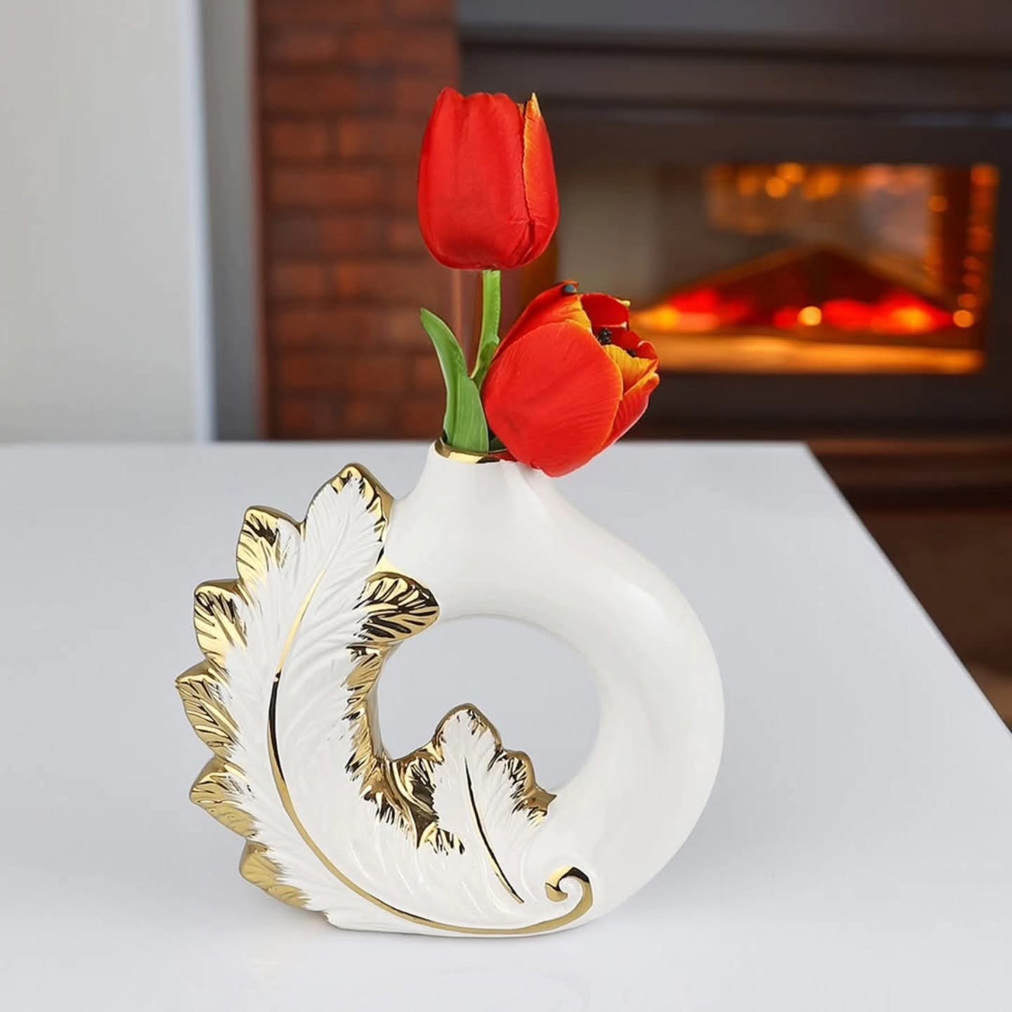 Large Ceramic Flower Vase White with Gold leaf Accent Aesthetic - Image 2