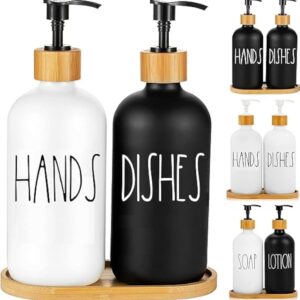 3in1 HANDS - DISHES, SOAP - LOTION branded  and unbranded Refillable ceramic s bottle with bamboo base 500mls each set has 1 black and 1 white bottle on a bamboo base