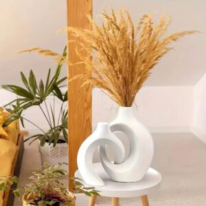 Interlocking Modern Boho Flower Vase White Hollow Ceramic Vase Set of 2, Round Modern Vase for Nordic Minimalist Style Decor, Donut Boho Aesthetic Vase for Trendy Home Living Master Room Entryway Table Decorative