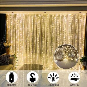 3M by 3M Curtain Lights with Remote Control and Hanging Hooks for Bedroom, LED Hanging String Light Outdoor, Fairy Curtain Lights Indoor for Christmas, Dorm, Wall, Backdrop, Window, Wedding, Party, Birthday Decor, Warm White