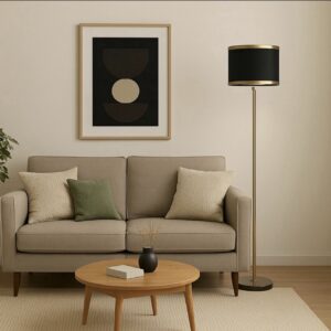 Straight Modern Black Floor Lamp with Gold Stand Standing Light for Living Room, Bedroom and Office