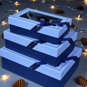 3 pc Gift Box Rectangular with Window Navy Blue Color Premium Quality Paper Perfect Packaging for Gifts Jewelry Christmas Birthdays Weddings Holidays Eco-Friendly Reusable Box