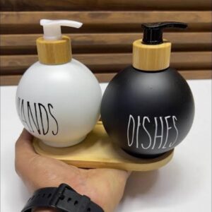 3 pc set  HANDS - DISHES, SOAP - LOTION branded  and unbranded Refillable ceramic s bottle with bamboo base now available in 2 shapes- (spherical)