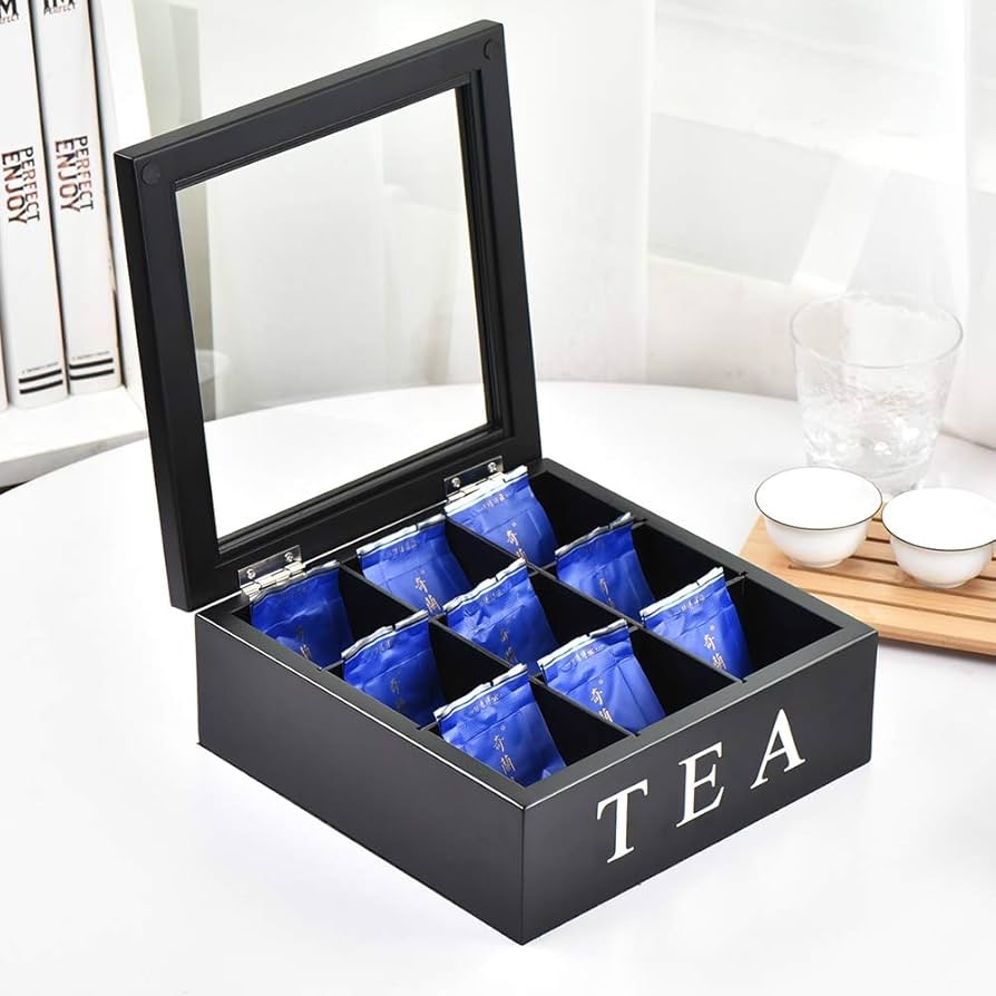 9 grid Tea Bags Organizer Box Wood Tea Storage Box, Teabag Storing 9 Compartments Wooden Tea Box Hinged Glass Lid Tea Organizer-Black - Image 3