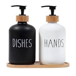 3 in1 HANDS - DISHES, SOAP - LOTION branded  and unbranded Refillable ceramic s bottle with bamboo base