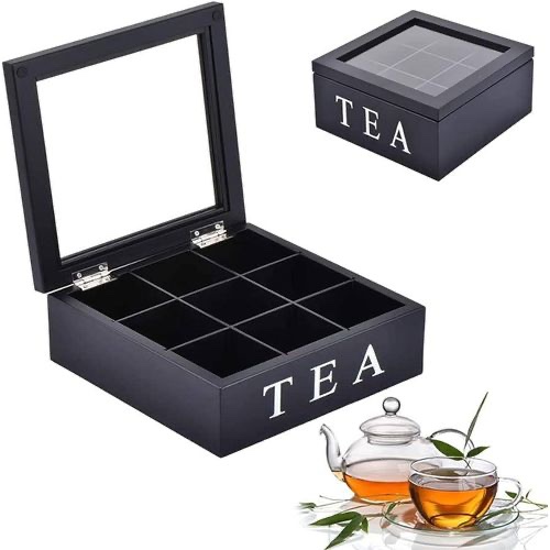 9 grid Tea Bags Organizer Box Wood Tea Storage Box, Teabag Storing 9 Compartments Wooden Tea Box Hinged Glass Lid Tea Organizer-Black