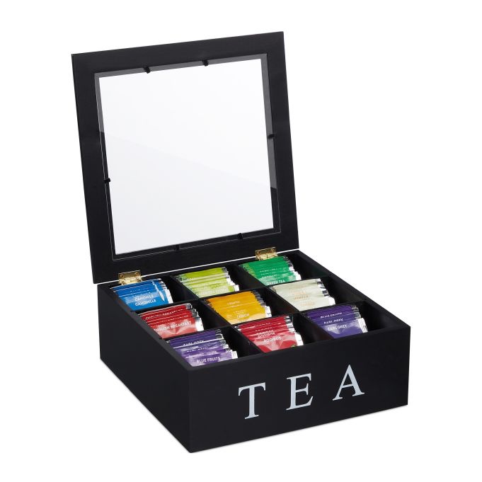 9 grid Tea Bags Organizer Box Wood Tea Storage Box, Teabag Storing 9 Compartments Wooden Tea Box Hinged Glass Lid Tea Organizer-Black - Image 2