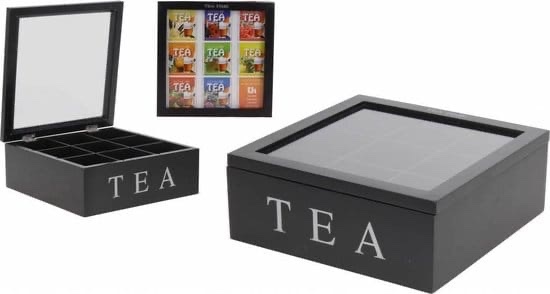 9 grid Tea Bags Organizer Box Wood Tea Storage Box, Teabag Storing 9 Compartments Wooden Tea Box Hinged Glass Lid Tea Organizer-Black - Image 4