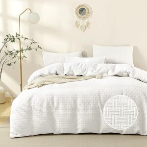 Waffle Weaving Poplin Luxury Soft Cotton Duvet cover set Size:6×7 White Duvet cover 2 Pillow cases - White