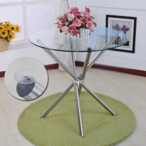 Round Clear Tempered Glass Dining Table with Silver Sturdy Stainless Steel Legs Fits 2-4 Chairs