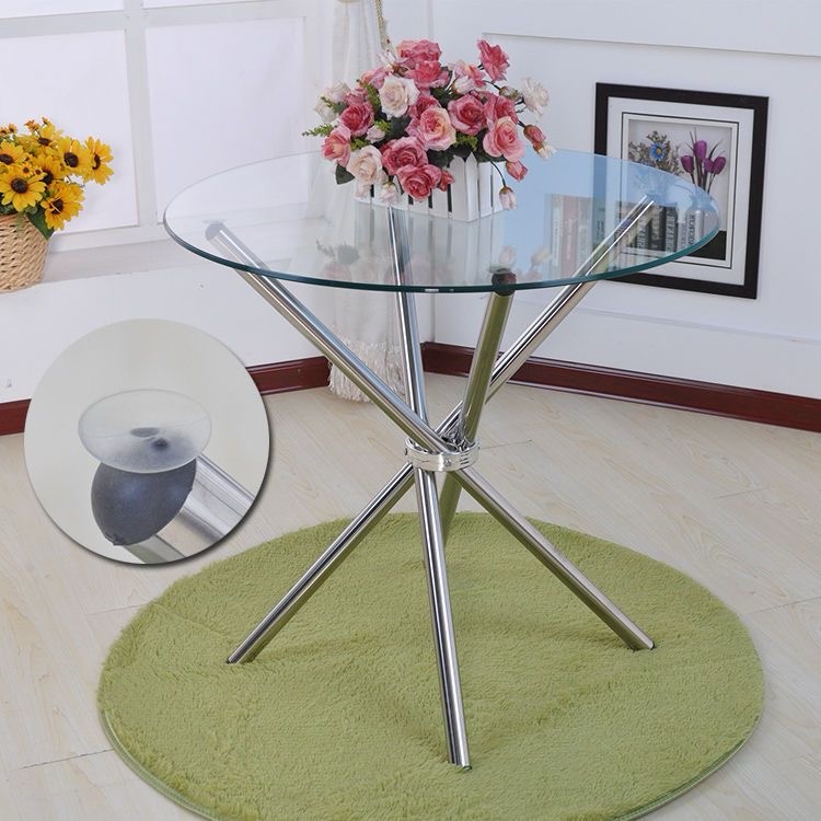Round Clear Tempered Glass Dining Table with Silver Sturdy Stainless Steel Legs Fits 2-4 Chairs