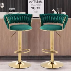 Green Velvet Bar Stools Nordic Fashion Bar High Chair Gold Round Bottom Woven Kitchen Counter Stools Bar Chair