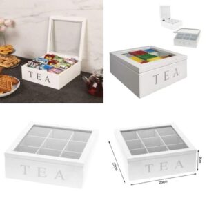 9 Grid Tea Bags Organizer Box Wood Tea Storage Box, Teabag Storing 9 Compartments Wooden Tea Box Hinged Glass Lid Tea Organizer- White