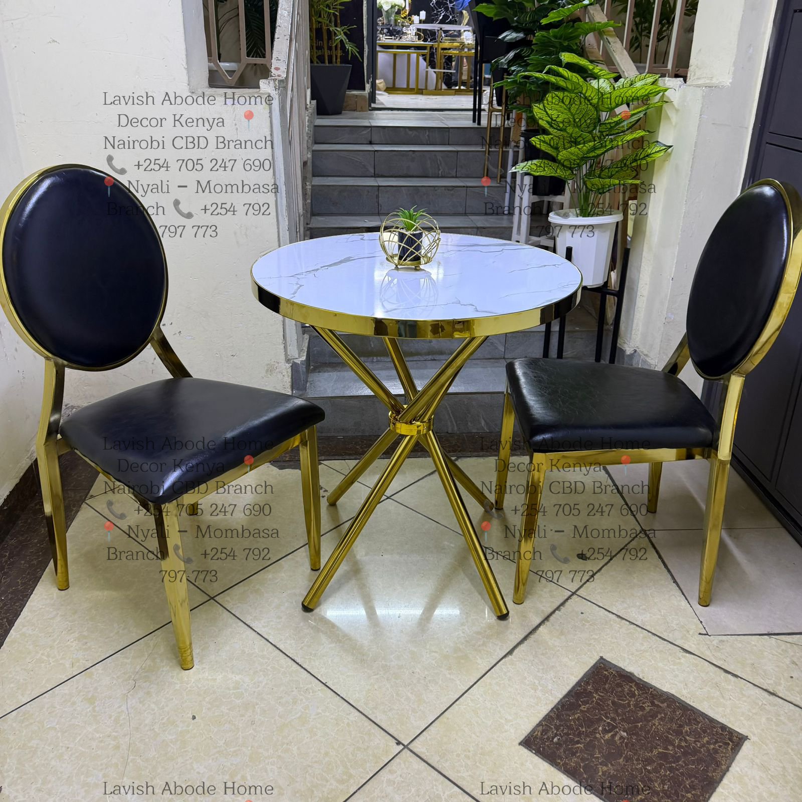 Dining Set Gold with Black Chairs (2) with a Round Marble Dining Table - Image 2
