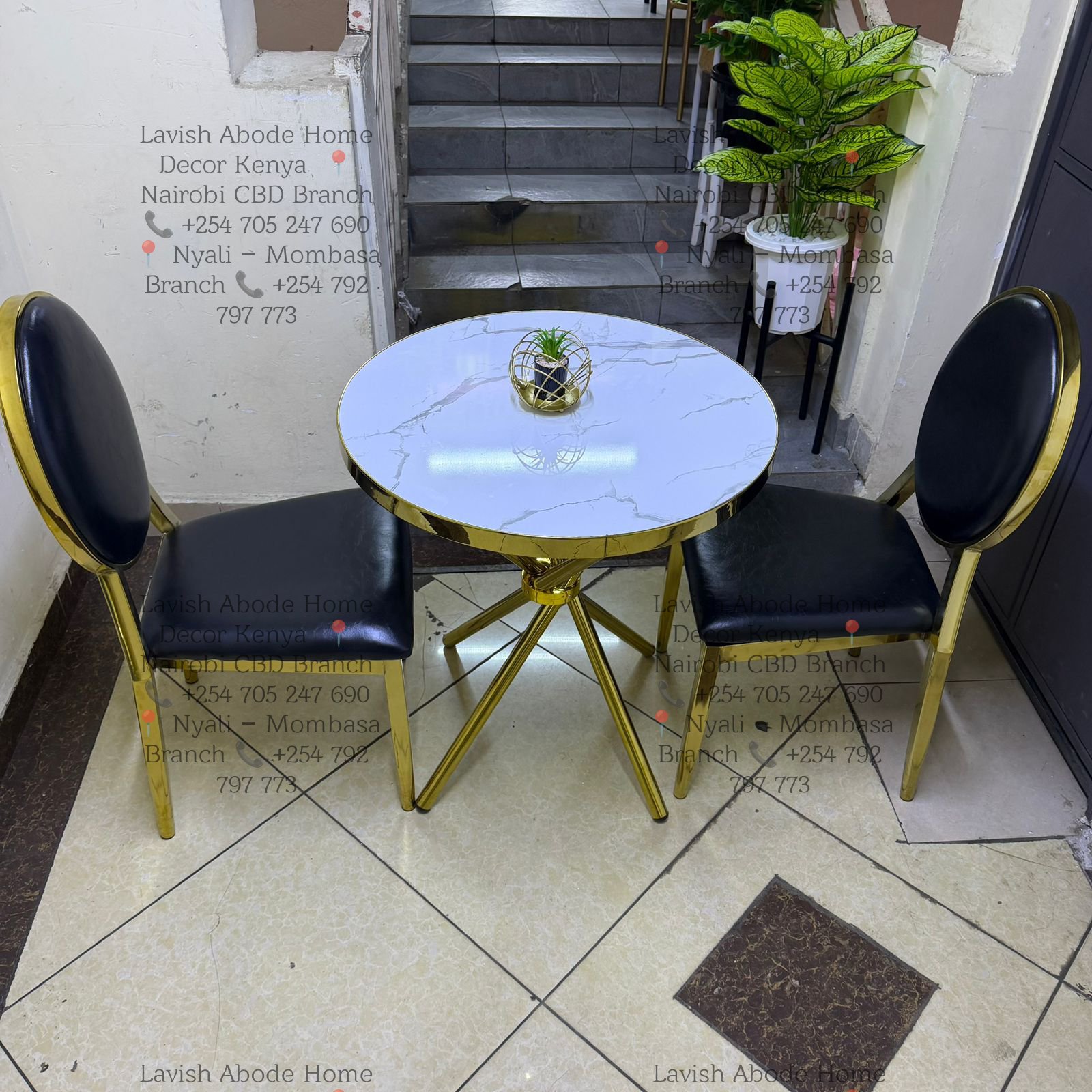 Dining Set Gold with Black Chairs (2) with a Round Marble Dining Table - Image 4
