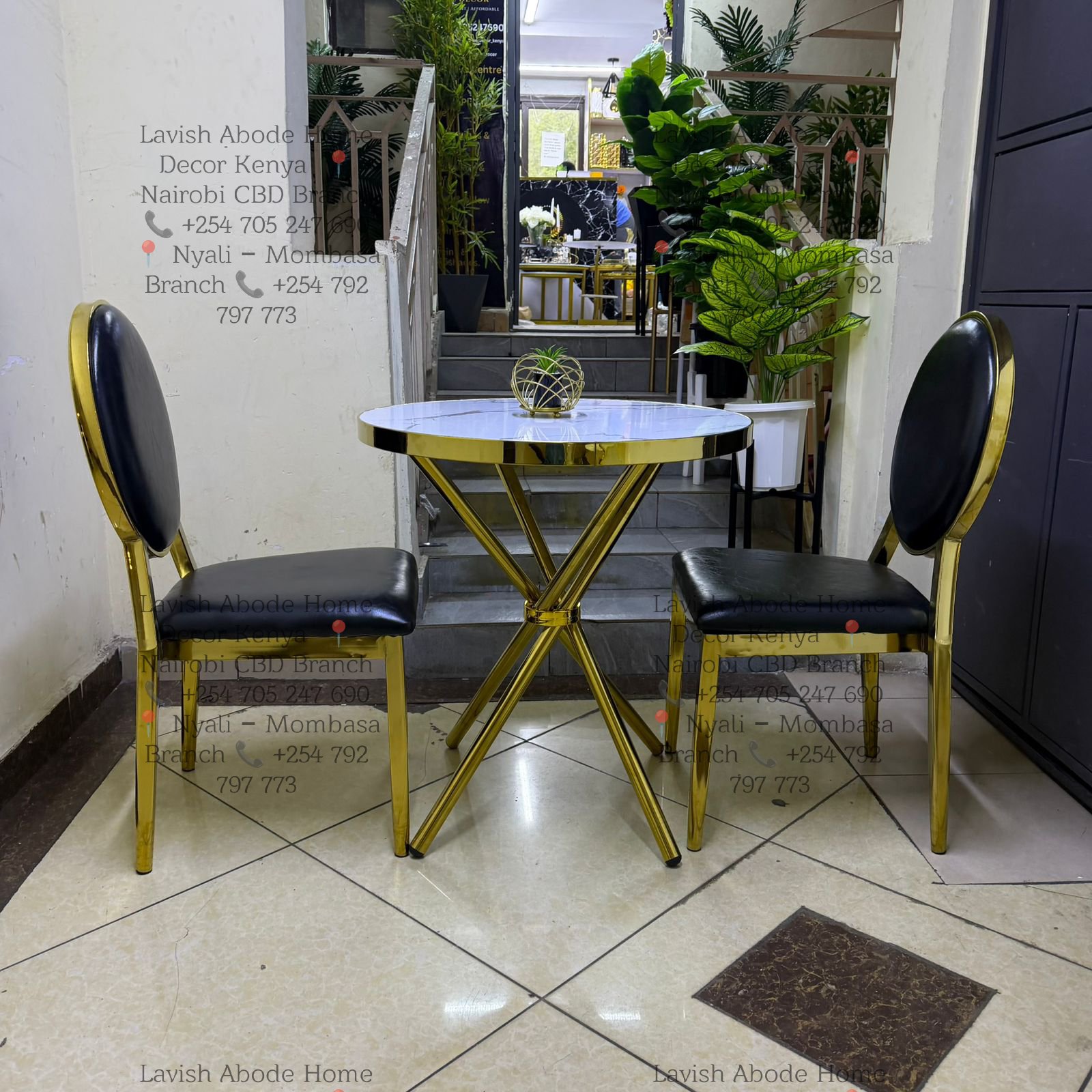 Dining Set Gold with Black Chairs (2) with a Round Marble Dining Table