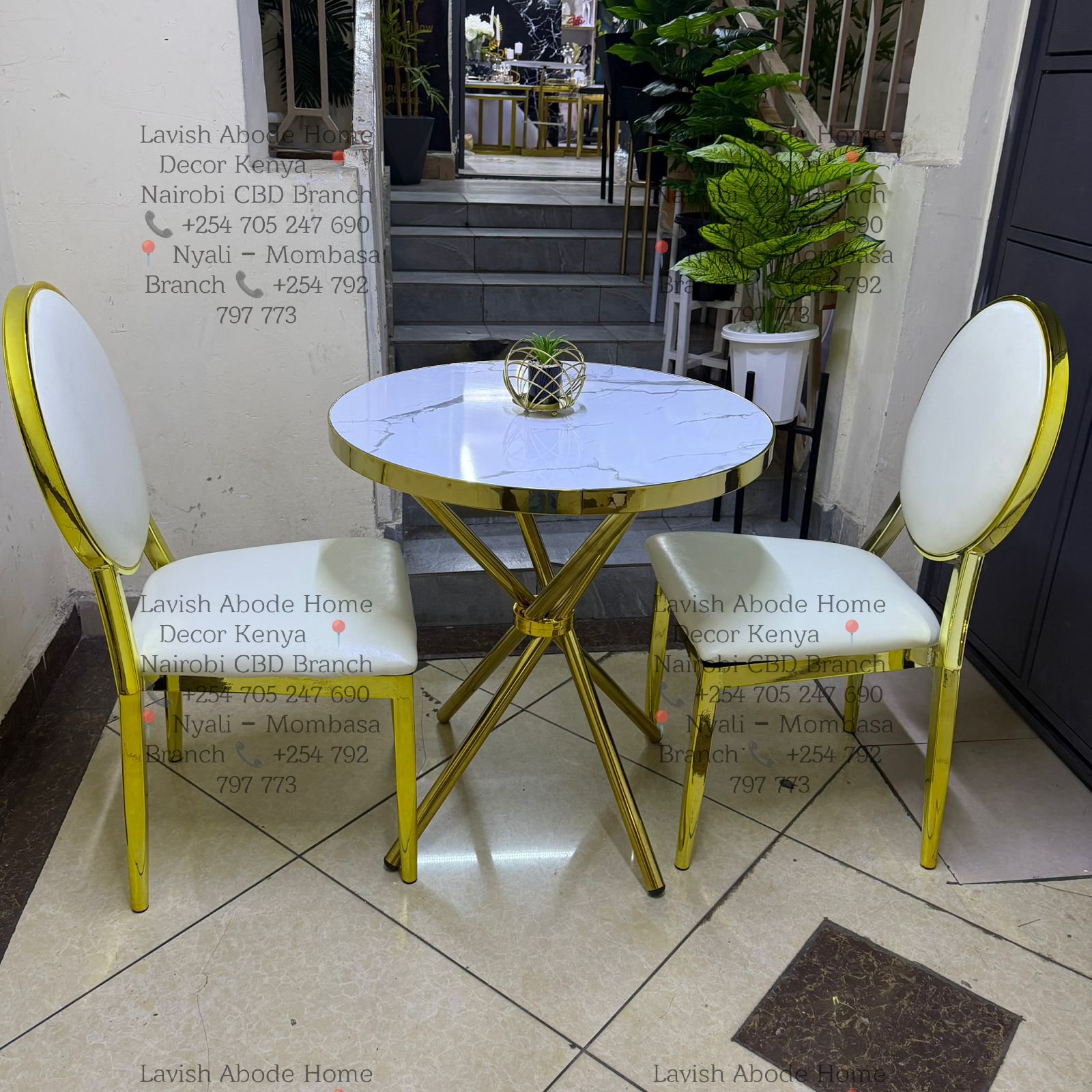 Dining Table Set Gold with White Chairs (2) with a Round Marble Table - Image 2