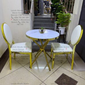 Dining Table Set Gold with White Chairs (2) with a Round Marble Table