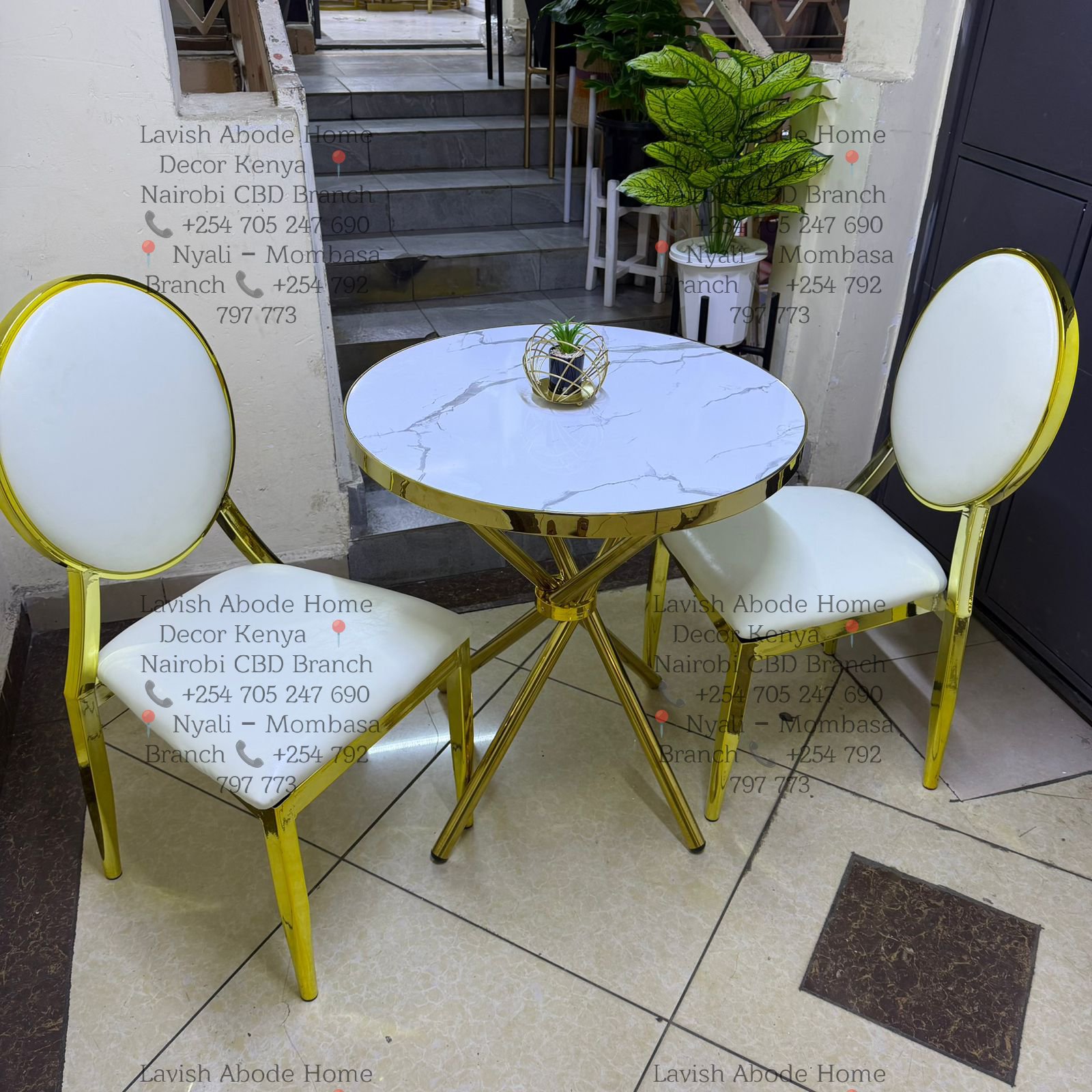 Dining Table Set Gold with White Chairs (2) with a Round Marble Table - Image 4